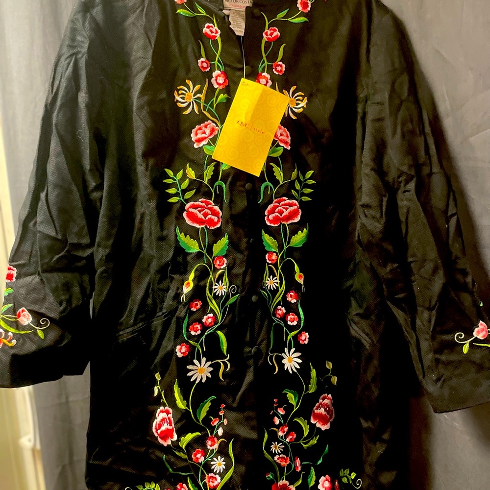 QVC Style Victor Costa- long Black jacket with vibrant flowers - 2X. NWT